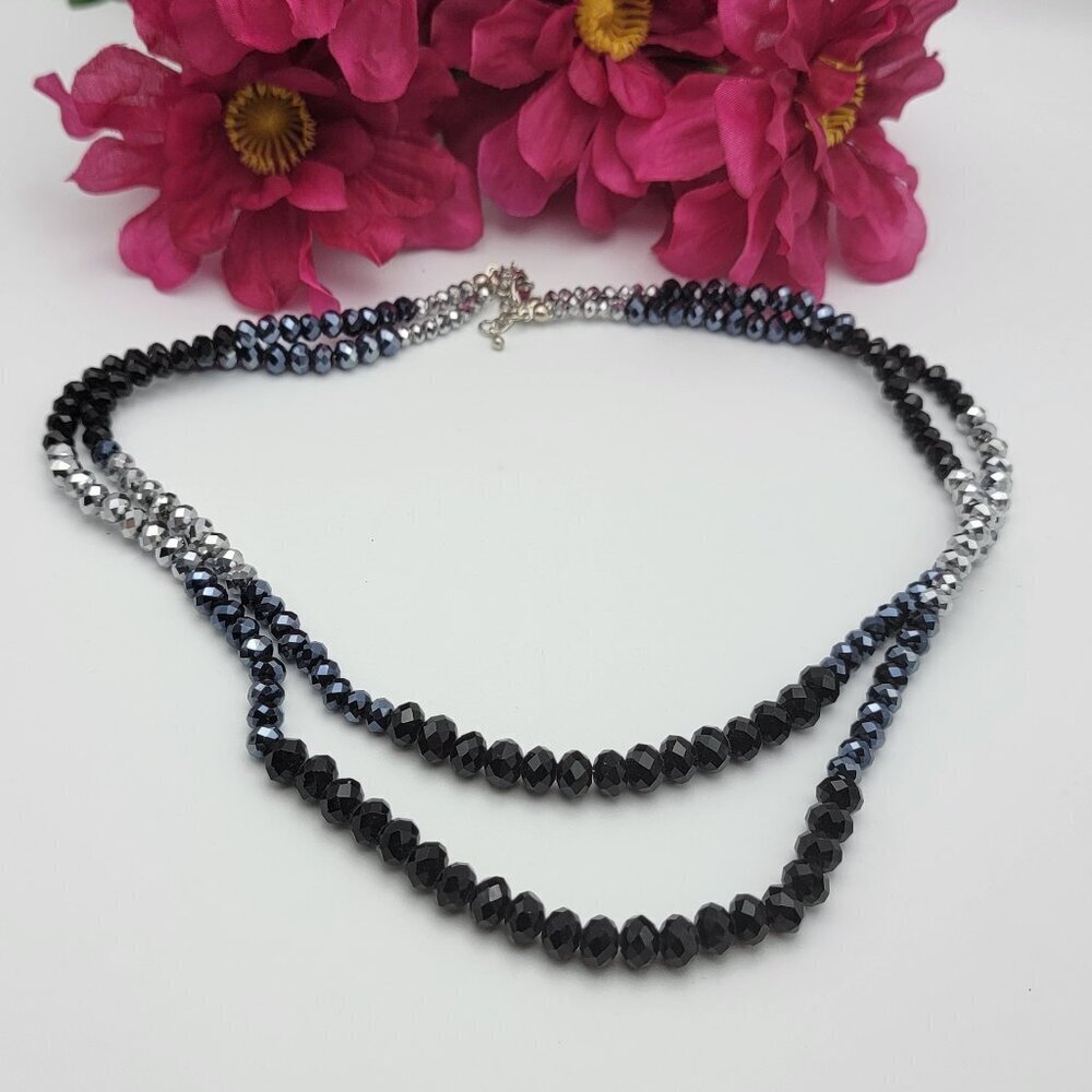 Black And Silver Faceted Rondelle Crystal Necklace 20 In Double Strand Layered